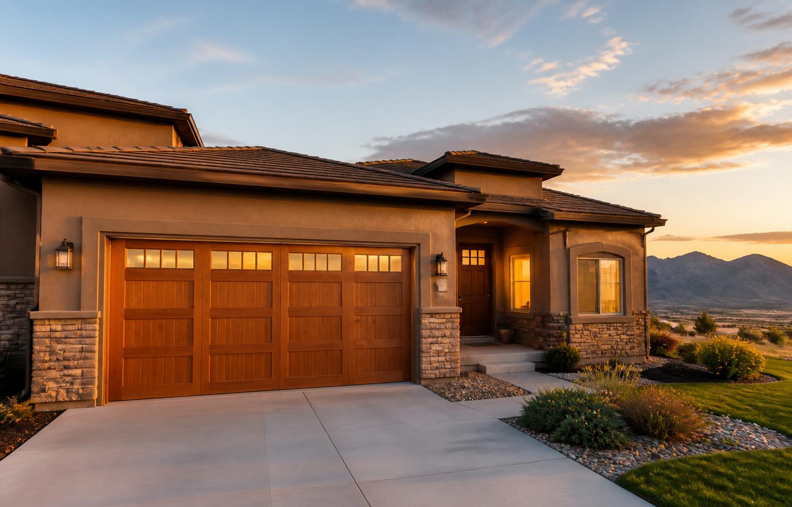 Coastal El Paso County home in Falcon, SC with a newly serviced carriage-style garage door at golden hour